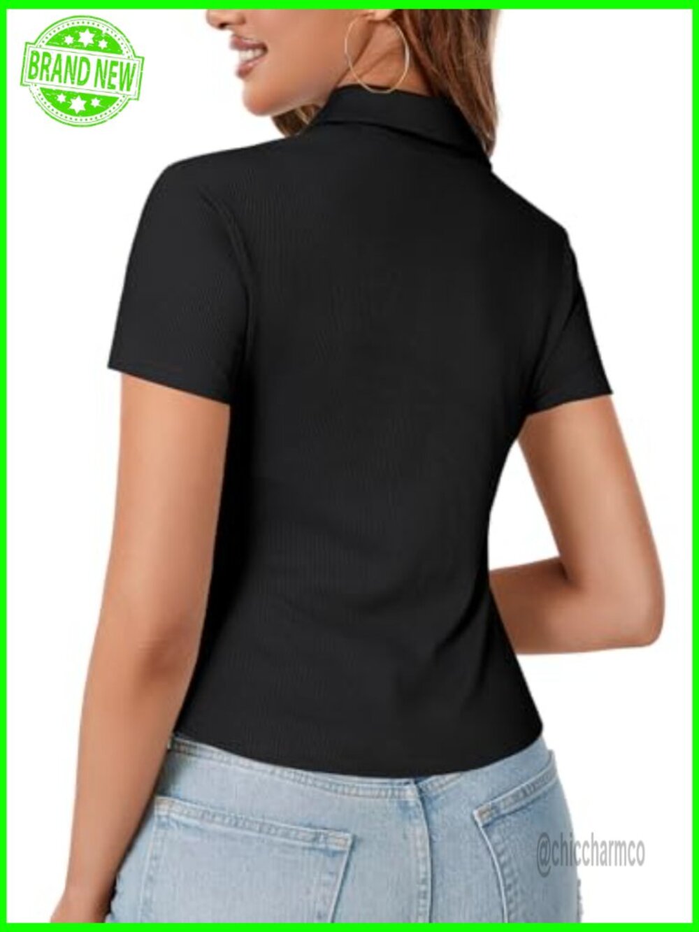 Women's Collar V-Neck Button Front Slim Fitted Ribbed Knit Short Sleeve Blouse - Picture 4 of 7